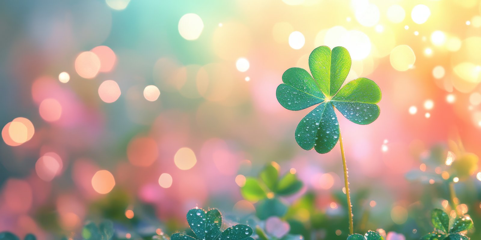 Lush green clover stands tall under a soft, colorful glow during a bright spring morning in a vibrant meadow
